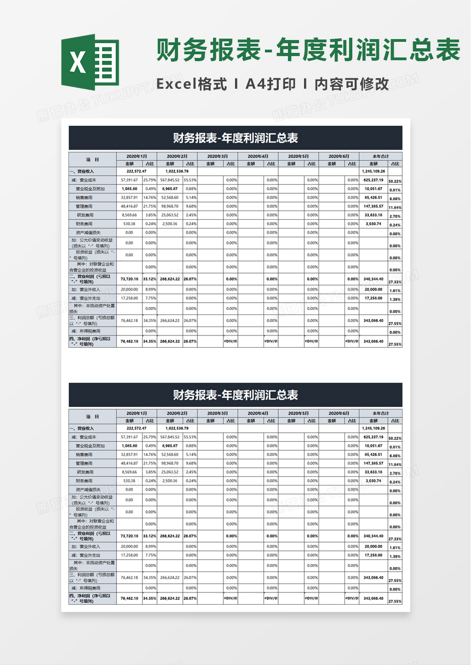 财务报表年度利润汇总表excel模板