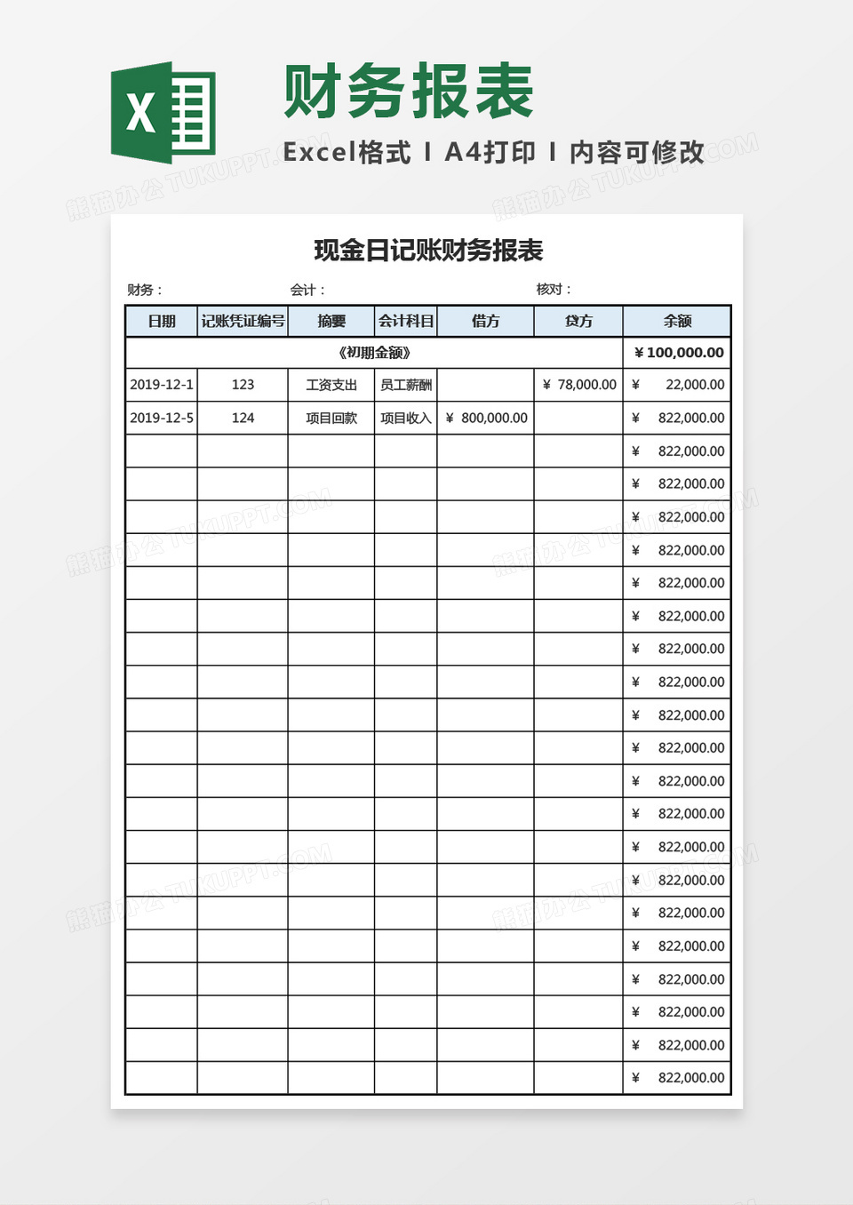 现金日记账财务报表（带计算公式）Excel模板