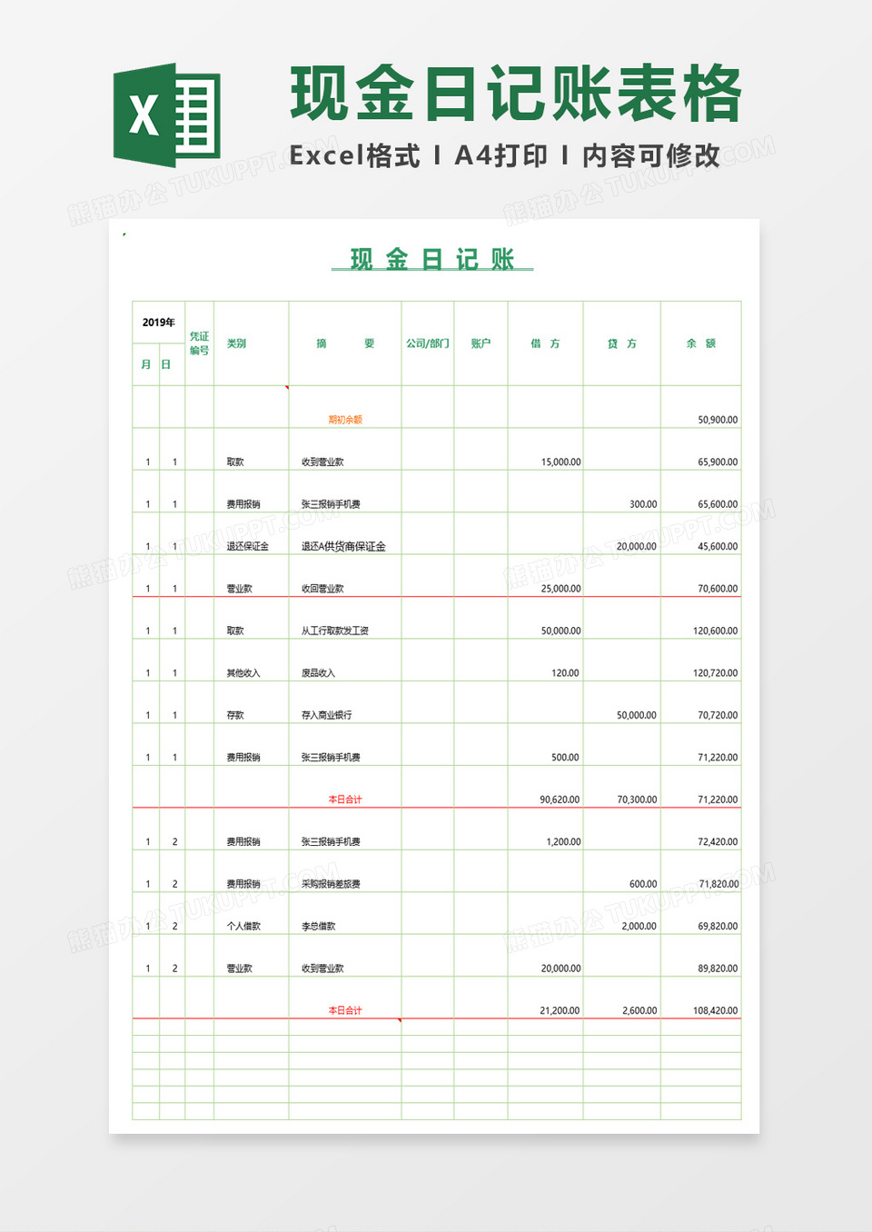 商务现金日记账Excel模板