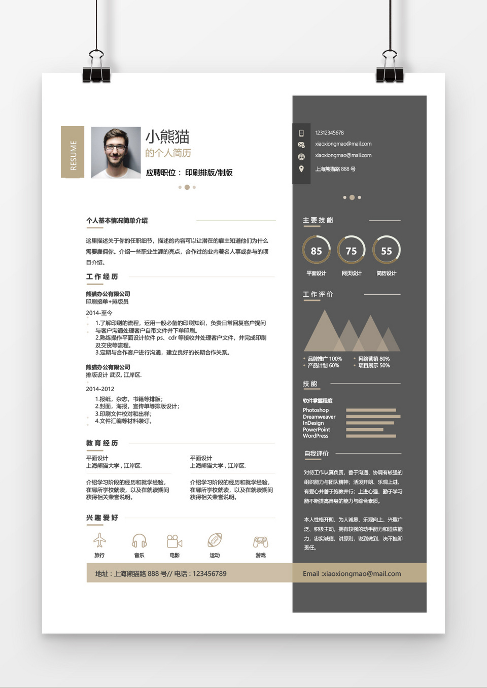 创意图表商务棕色印刷排版简历word简历模板