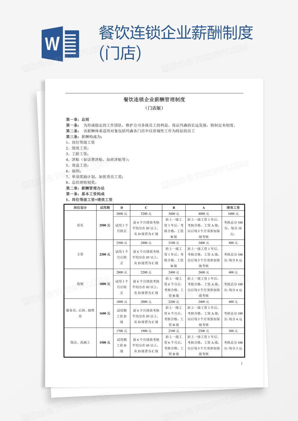 餐饮连锁企业薪酬制度(门店)