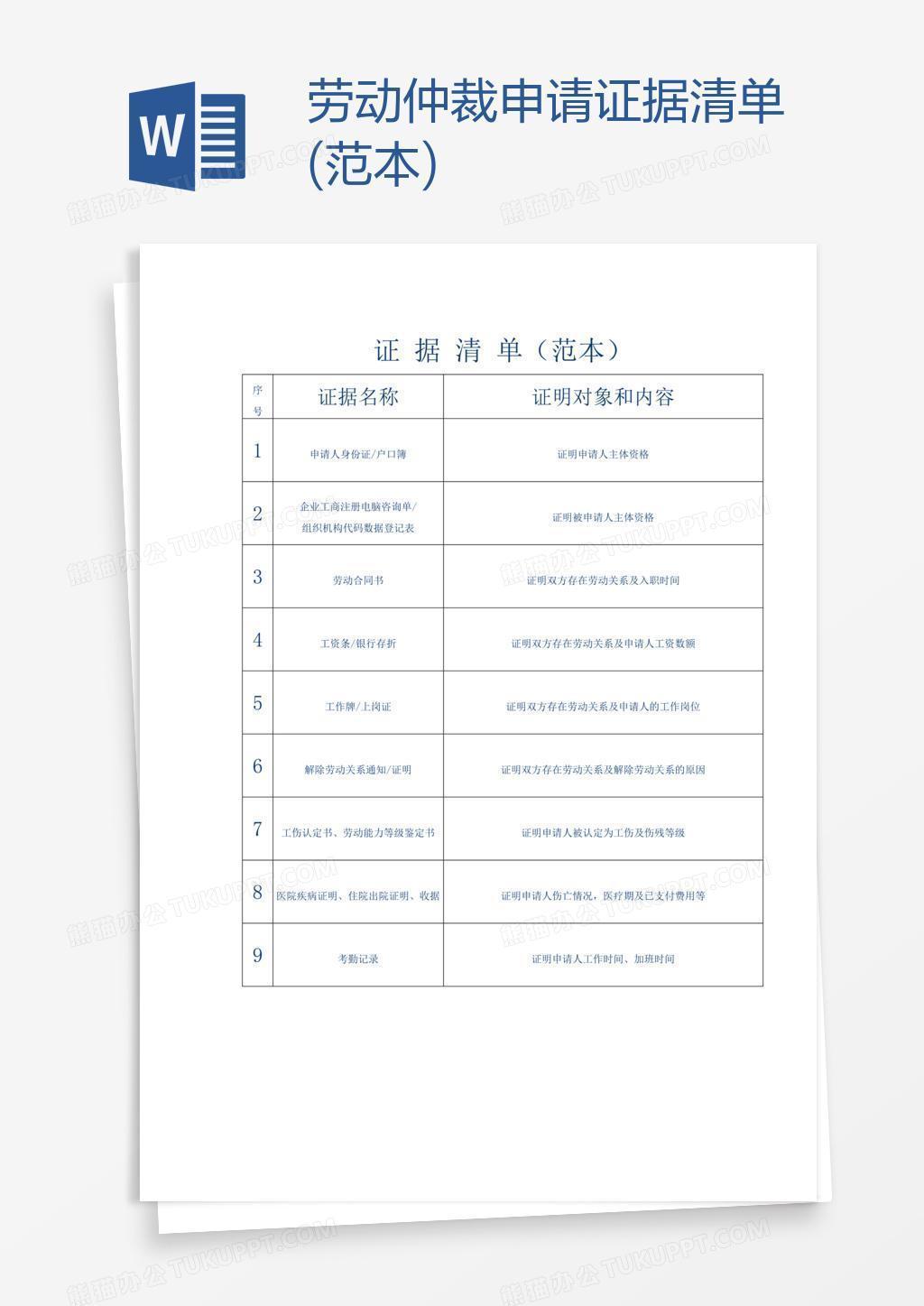 劳动仲裁申请证据清单(范本)