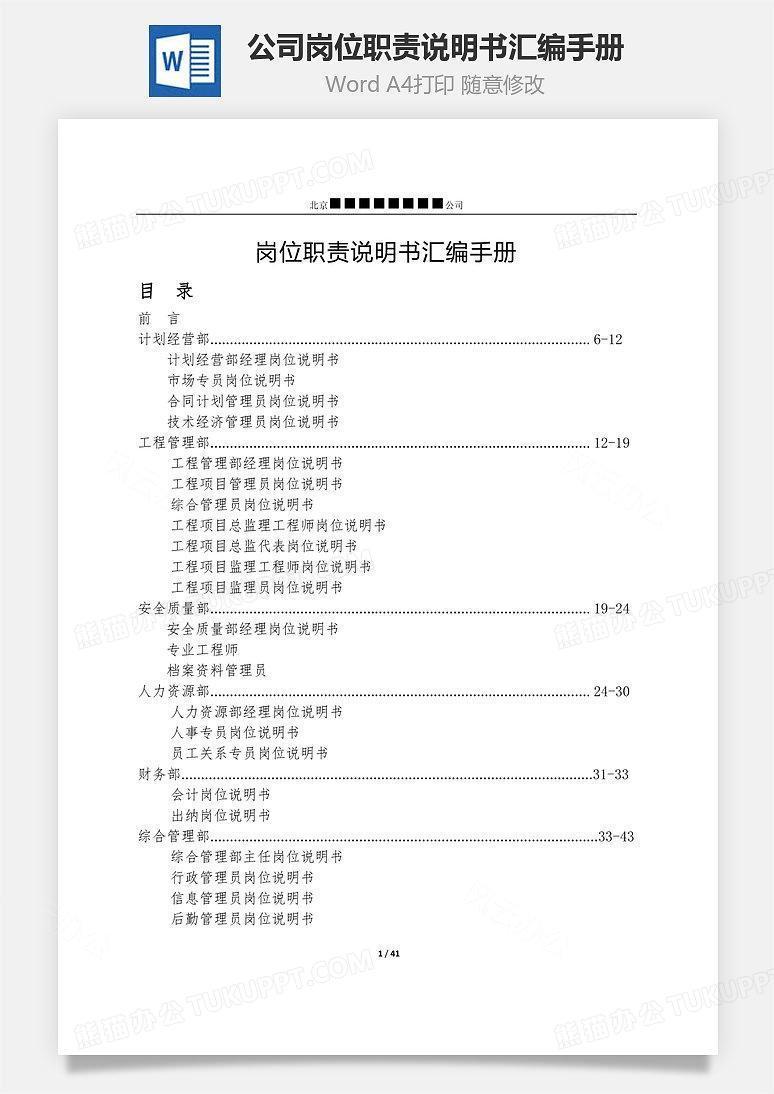 公司岗位职责说明书汇编手册Word文档