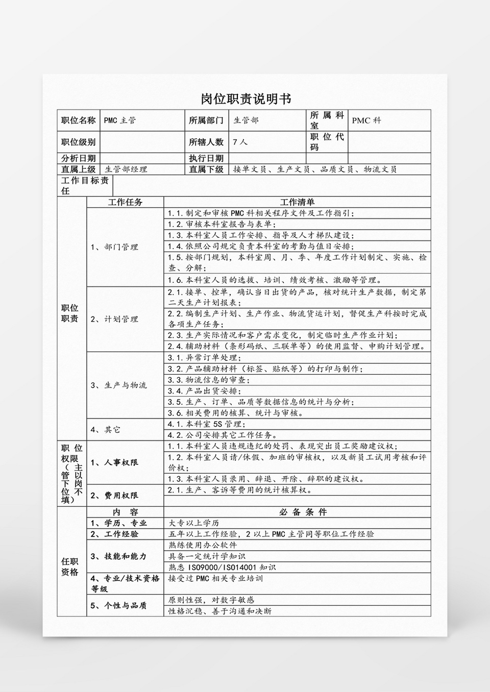 PMC科主管职责说明书word文档