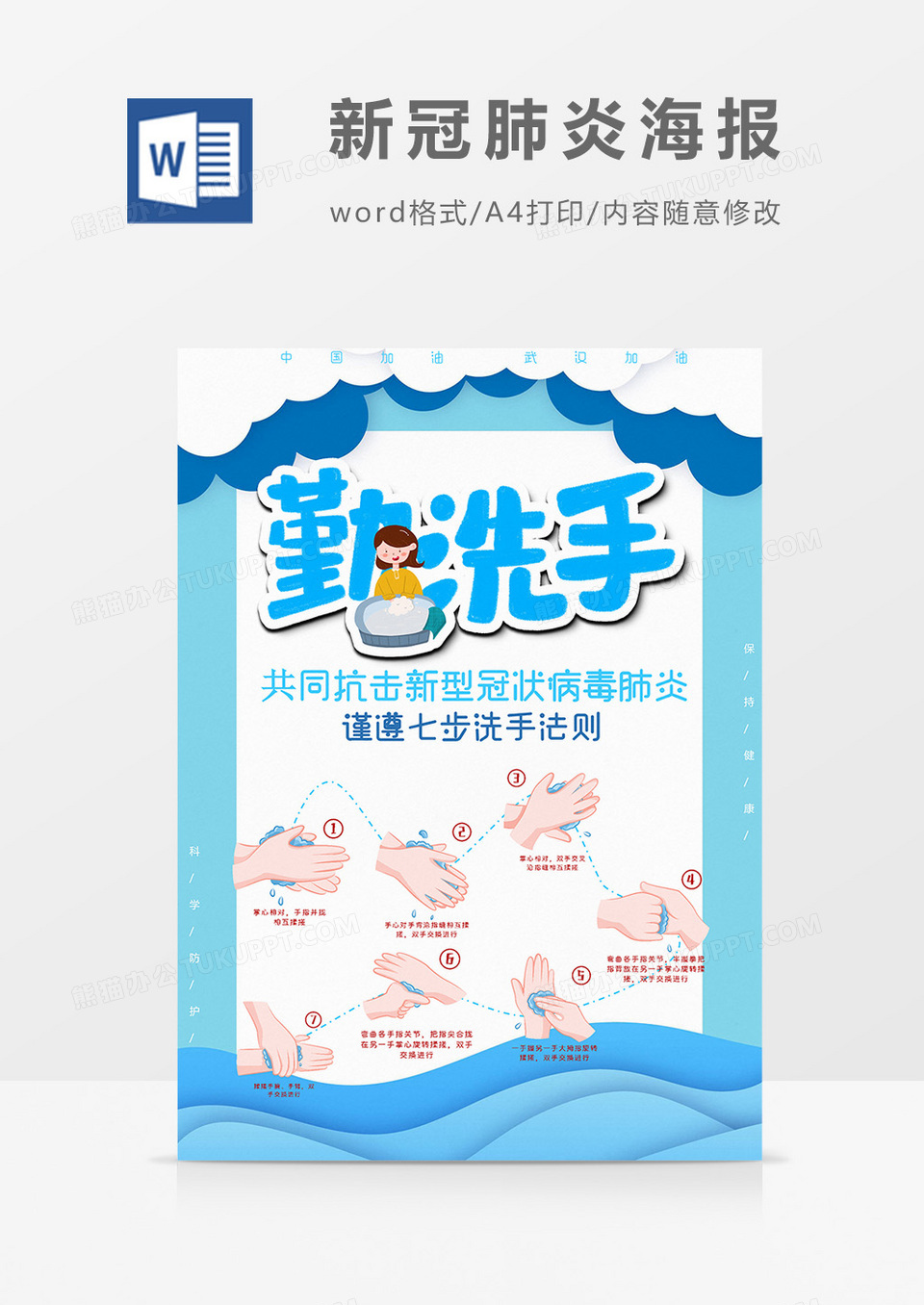 七步洗手法新冠肺炎海报word模板