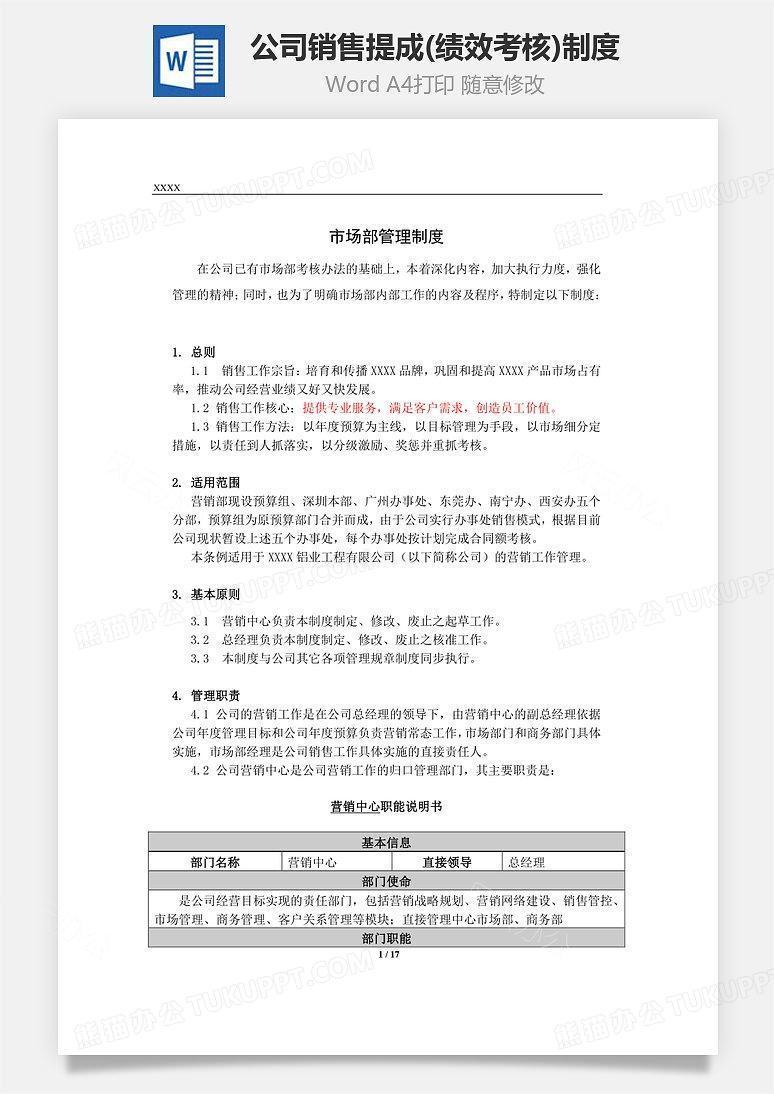 公司销售提成(绩效考核)制度Word文档