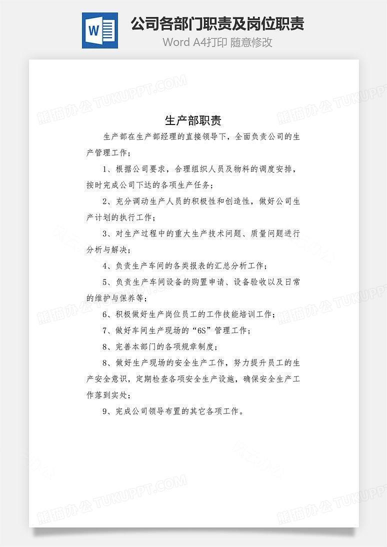 公司各部门职责及岗位职责 Word 文档