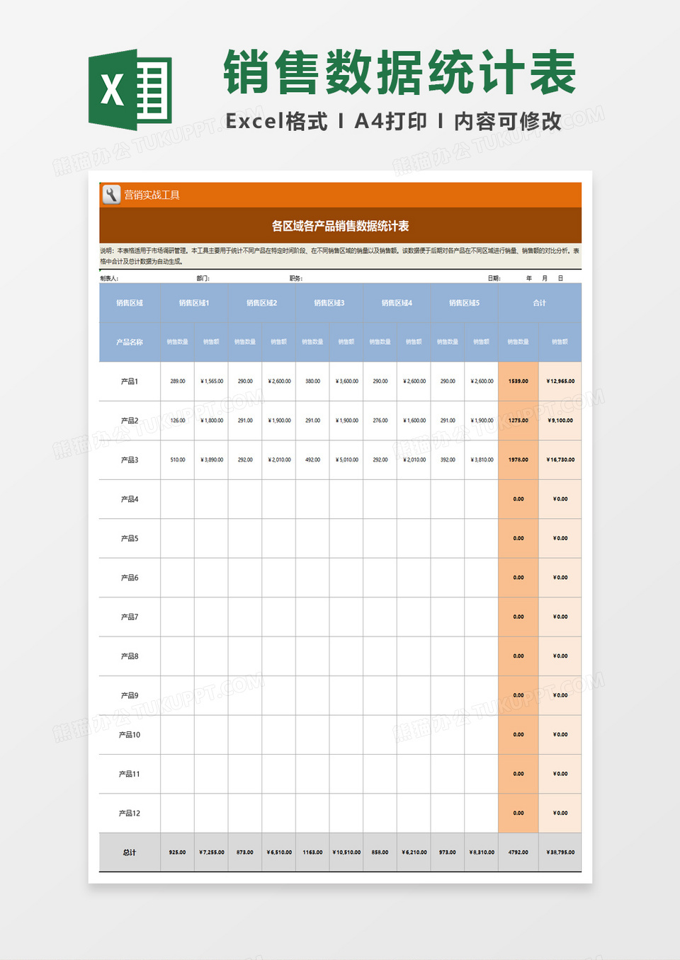 各区域各产品销售数据统计表excel模板