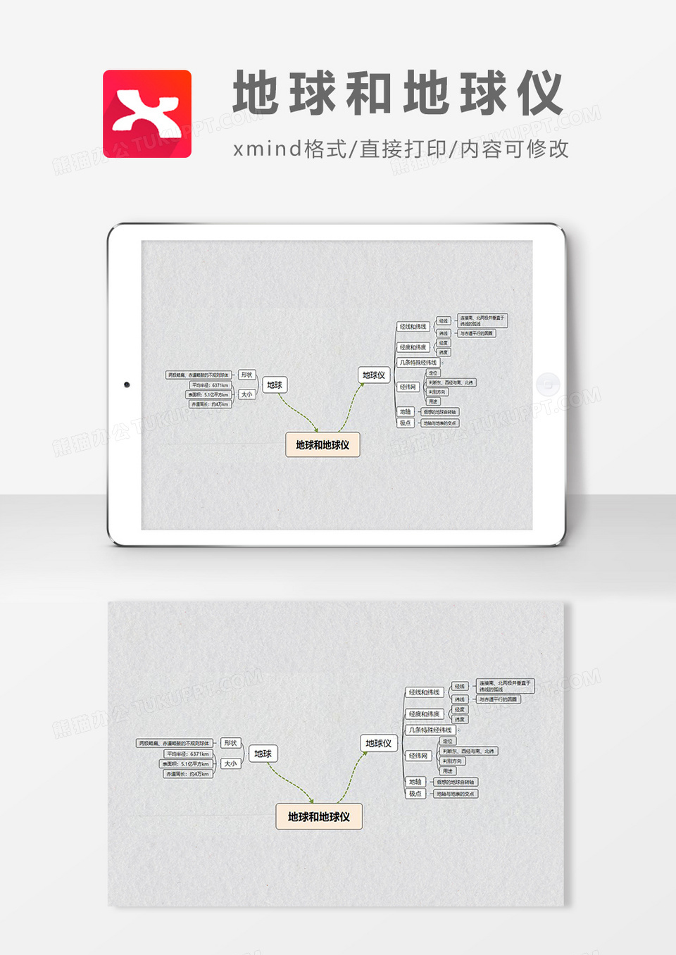地球和地球仪地理思维导图简洁XMind模板