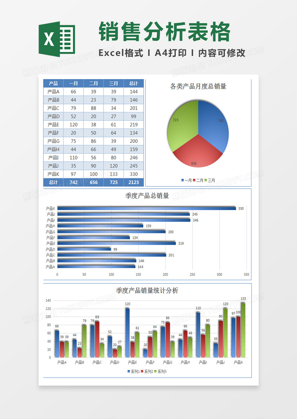 蓝色季度产品销量分析总计excel模板