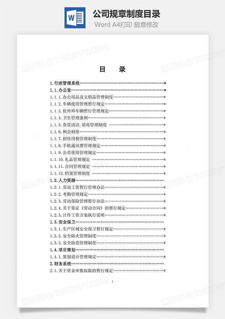 公司规章制度目录Word文档