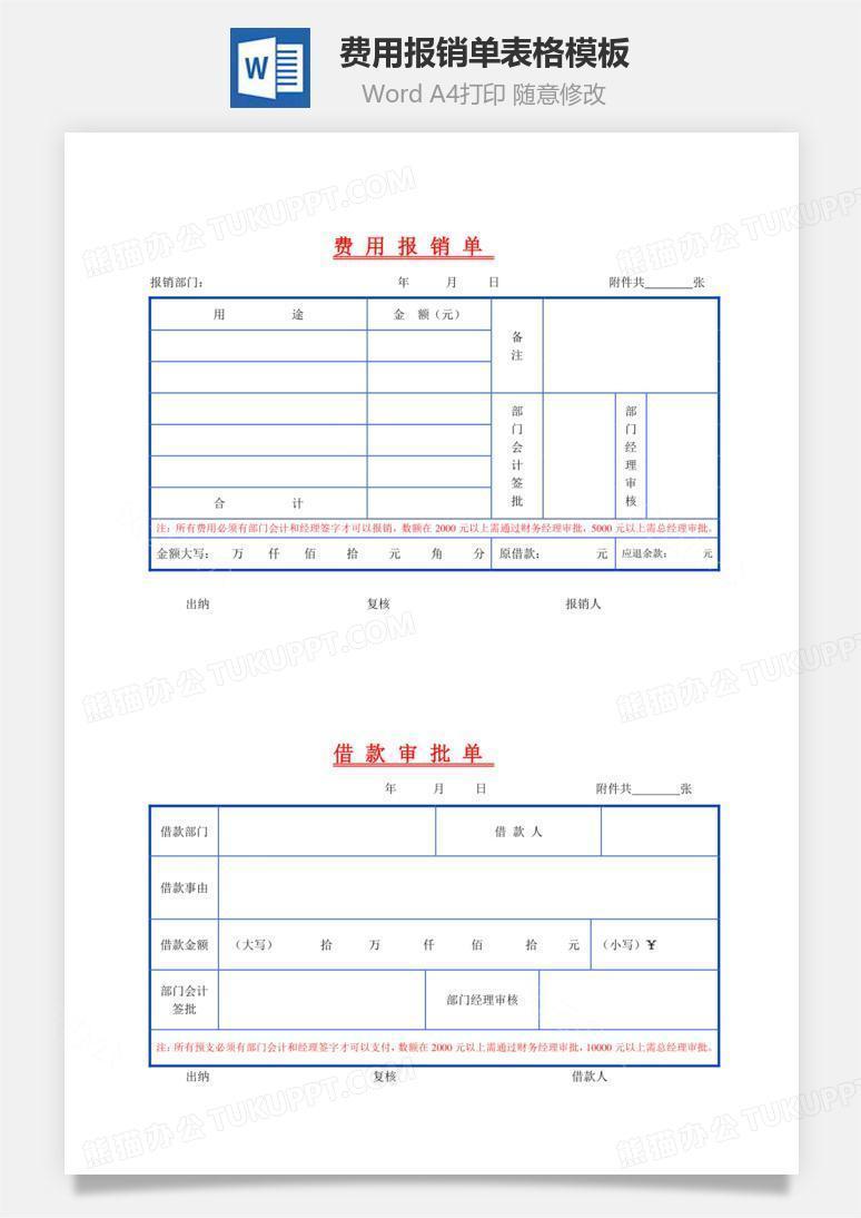 费用报销单表格模板Word文档