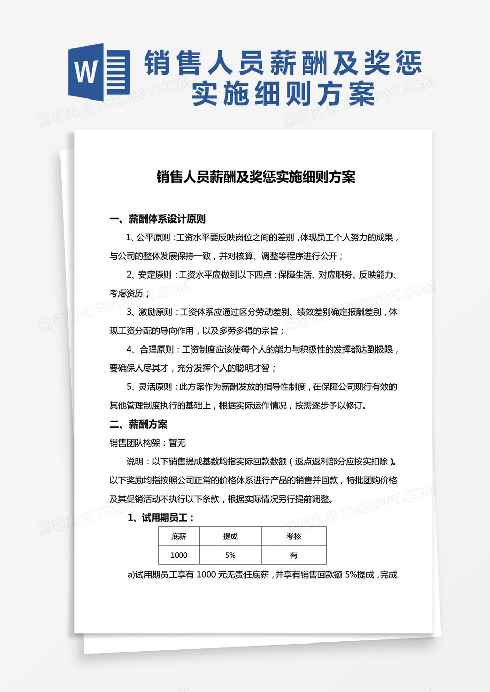 简单销售人员薪酬及奖惩实施细则方案Word模版