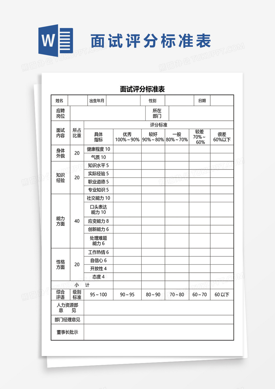 面试评分标准表word模板