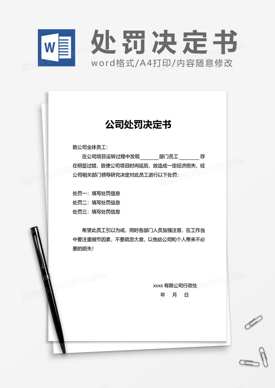 实用公司处罚决定书word模板