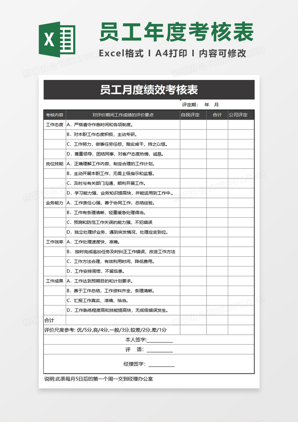 员工月度绩效考核表excel模板