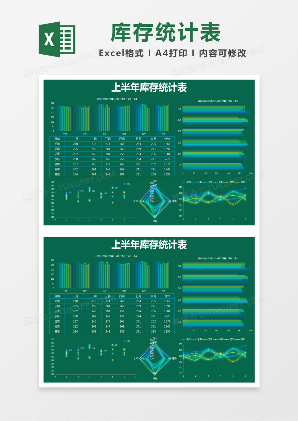 绿色简约上半年库存统计表excel模版