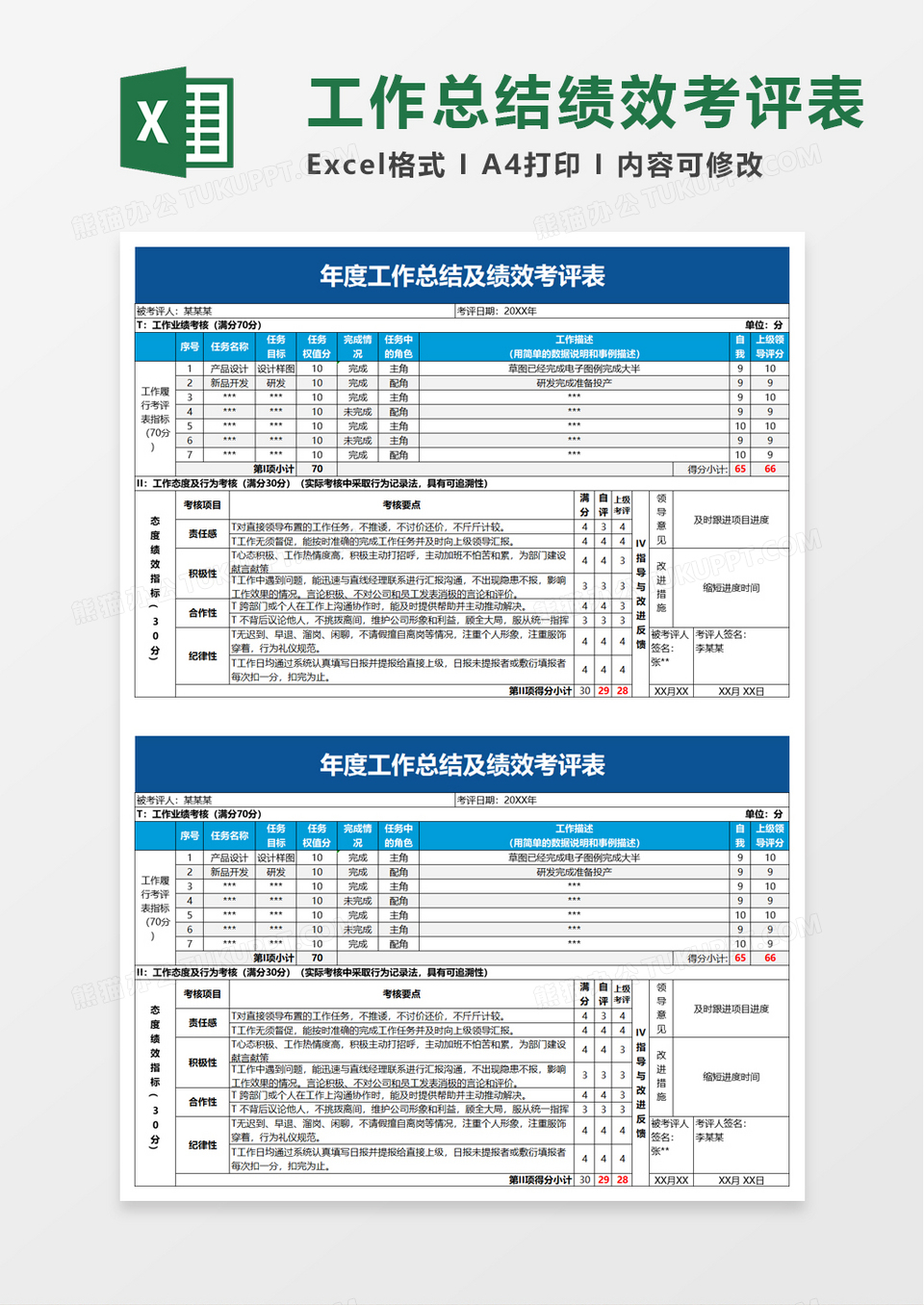 蓝色商务年度工作总结及绩效考评表excel模板