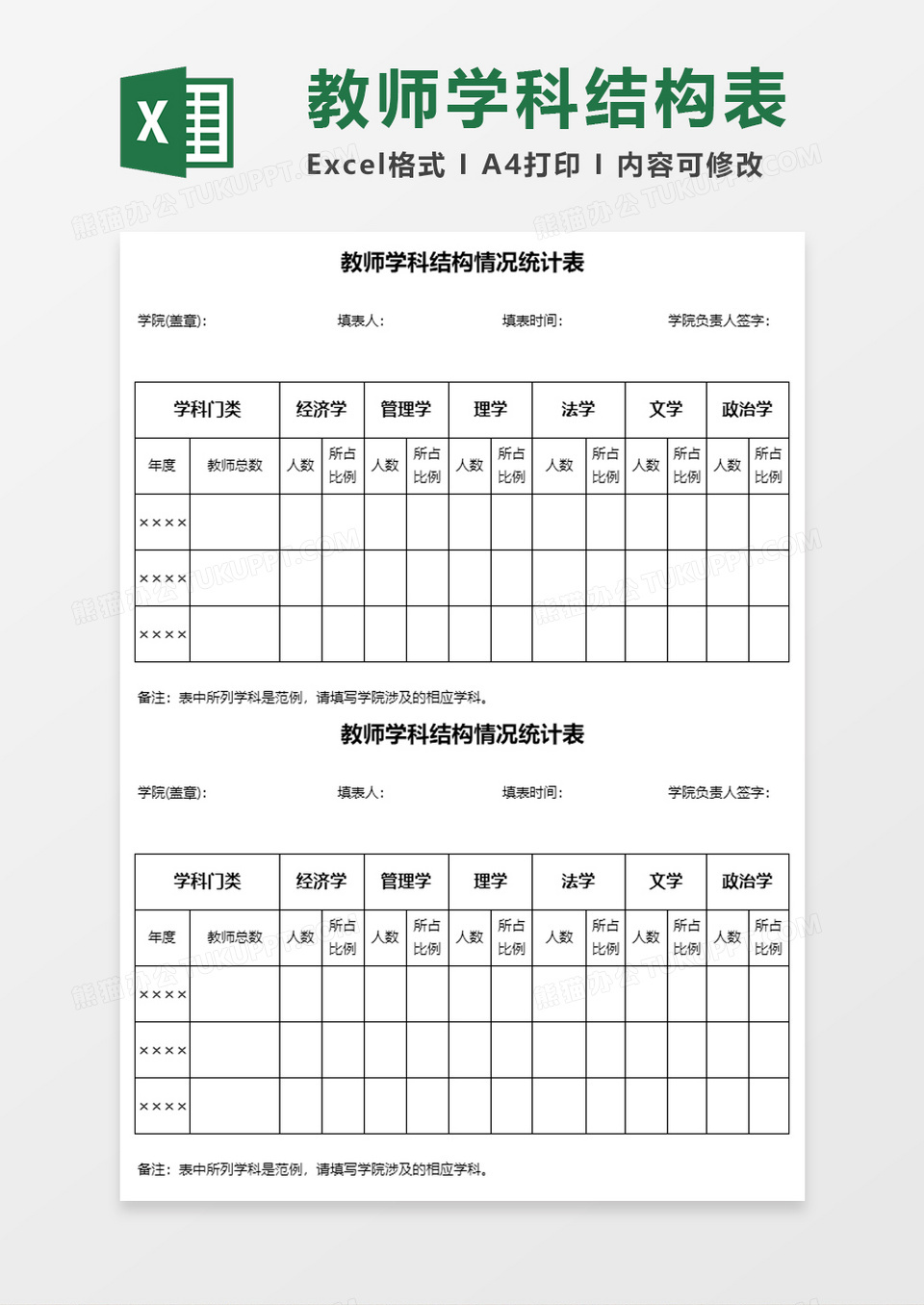 全院教师学科结构分析Excel表格模板