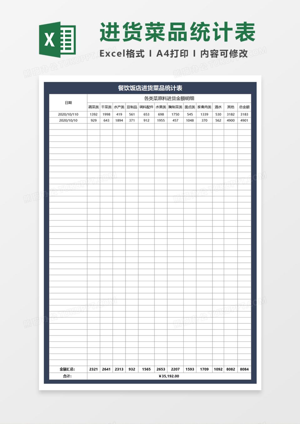 餐饮饭店进货菜品统计表execl模板