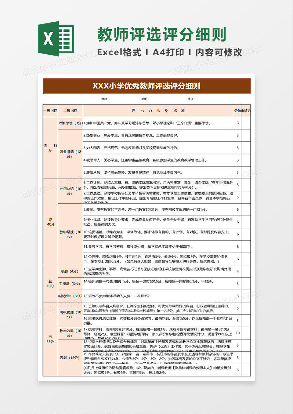 小学优秀教师评选评分细则excel模板