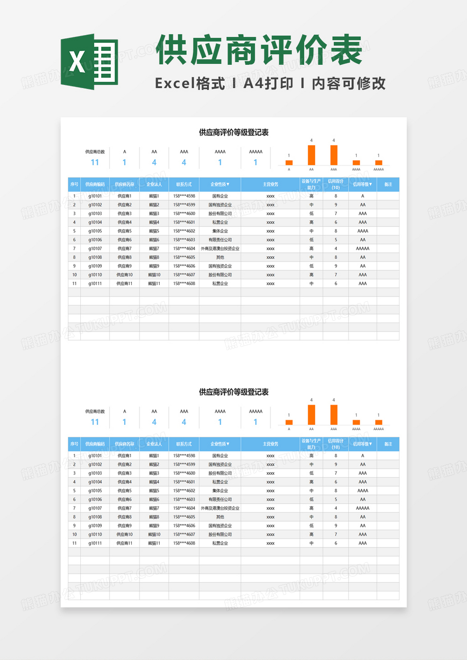 供应商评价等级登记表excel模板