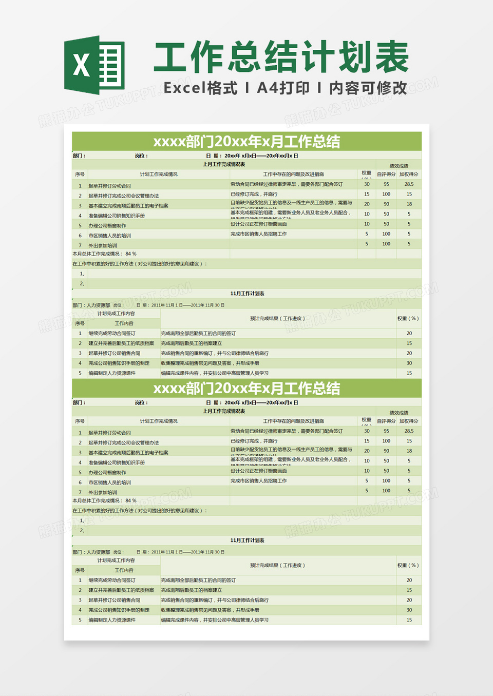 绿色简约部门月工作总结计划表excel模版