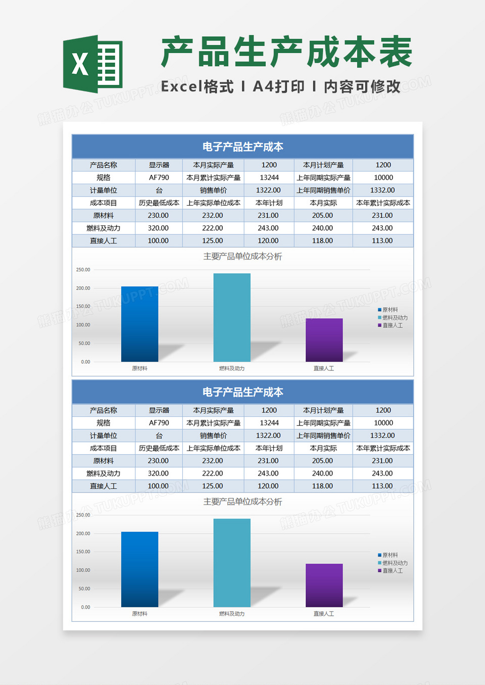 蓝色产品生产成本表计Excel模板