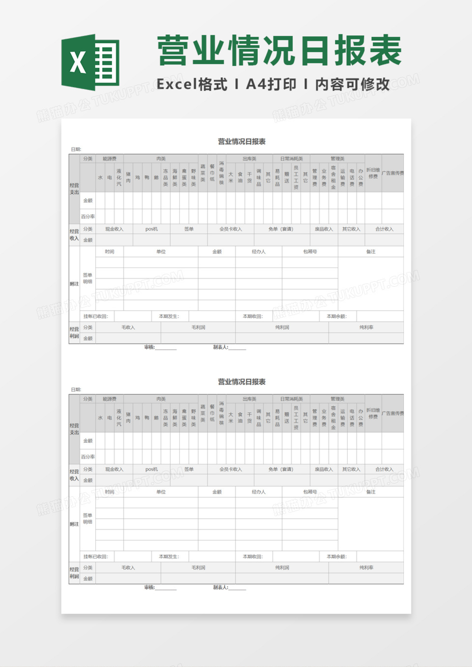 营业情况日报表execl模板