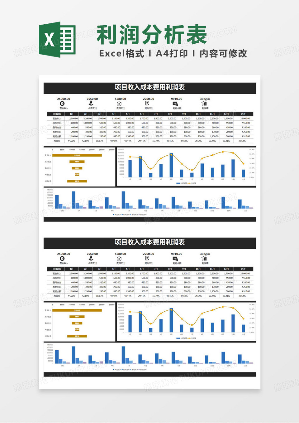 简约项目收入成本费用利润表excel模版