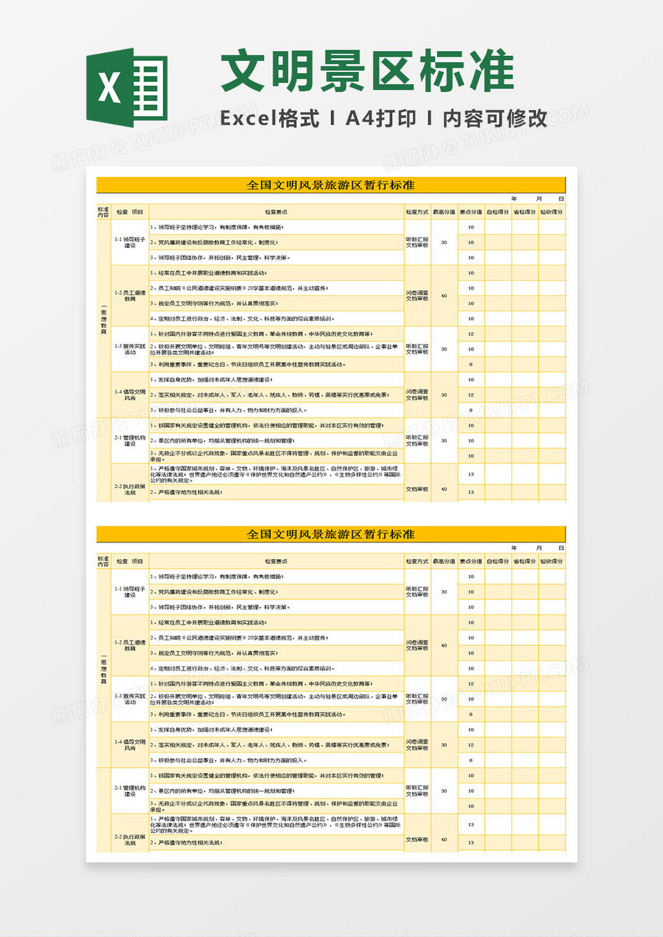 全国文明风景旅游区评分表Excel模板