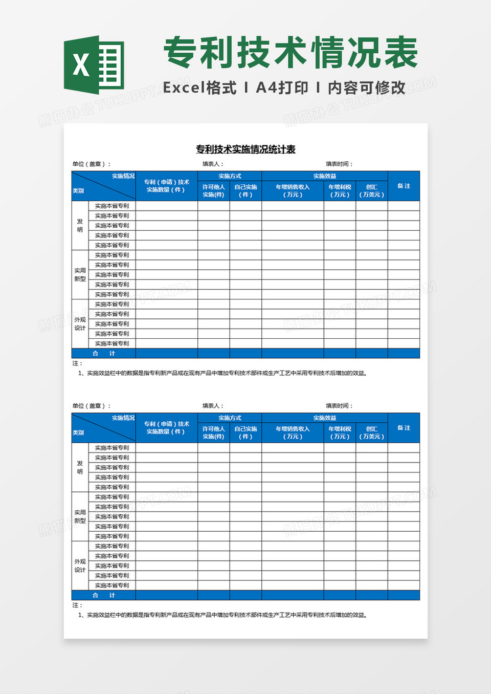 专利技术实施情况统计表Excel模板