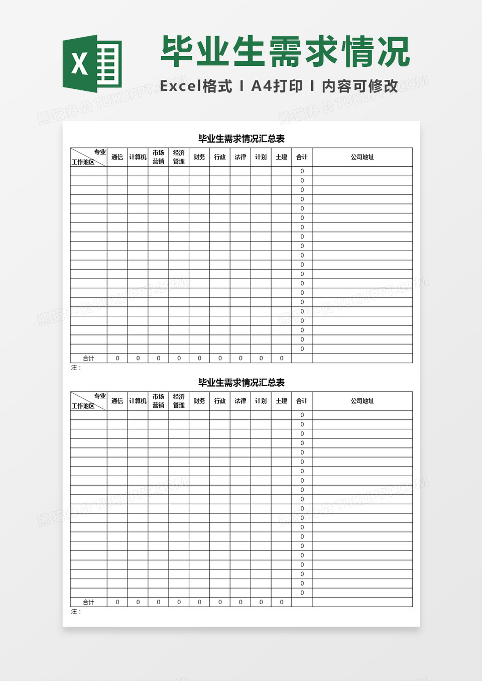 毕业生需求情况汇总表Excel模板