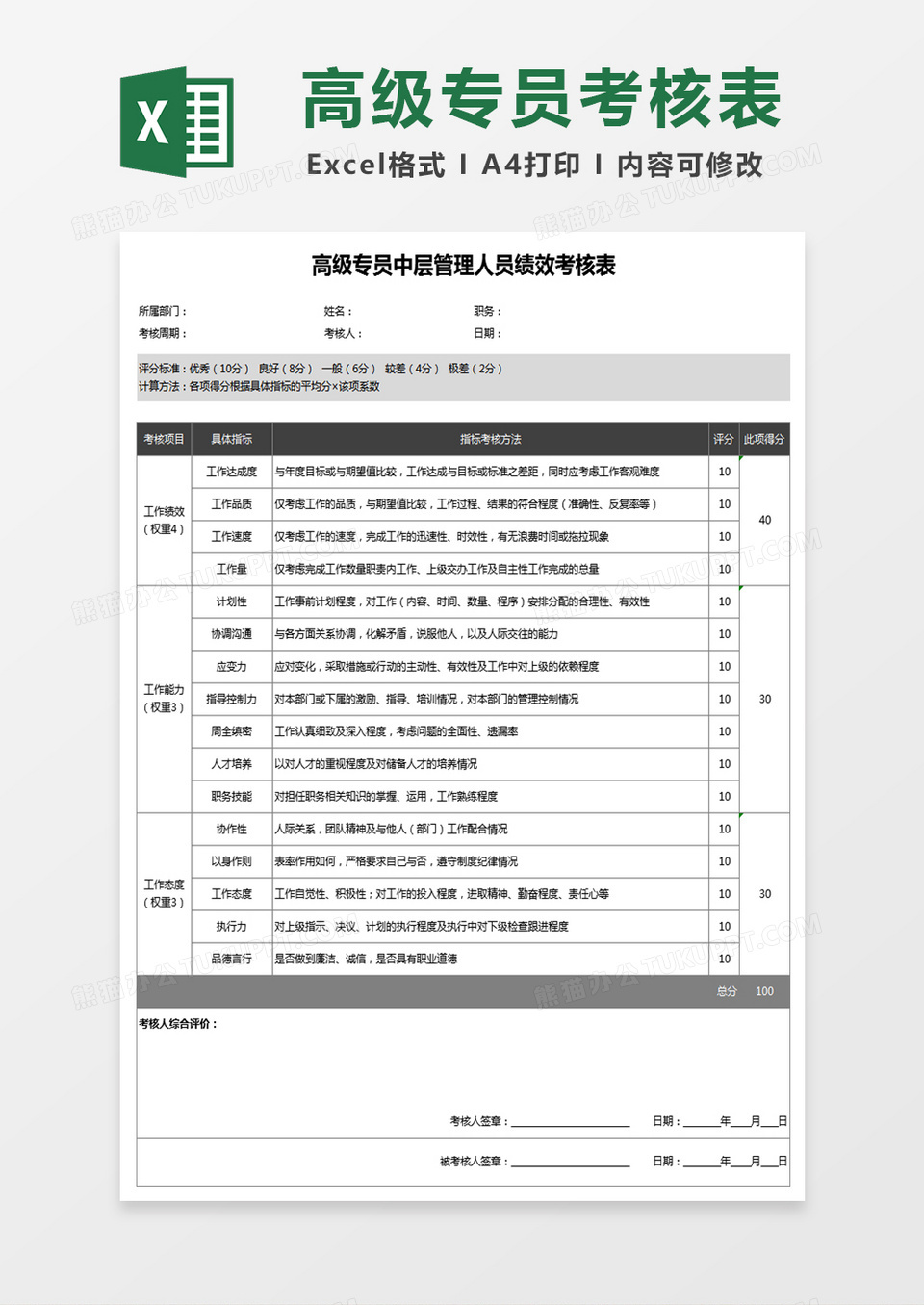 高级专员中层管理人员绩效考核Excel表格