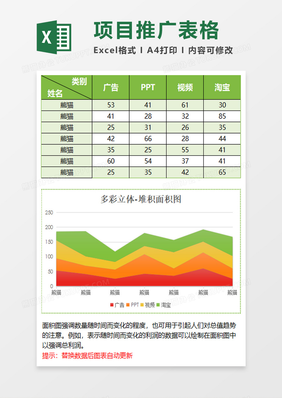 多彩立体堆积面积图excel模板