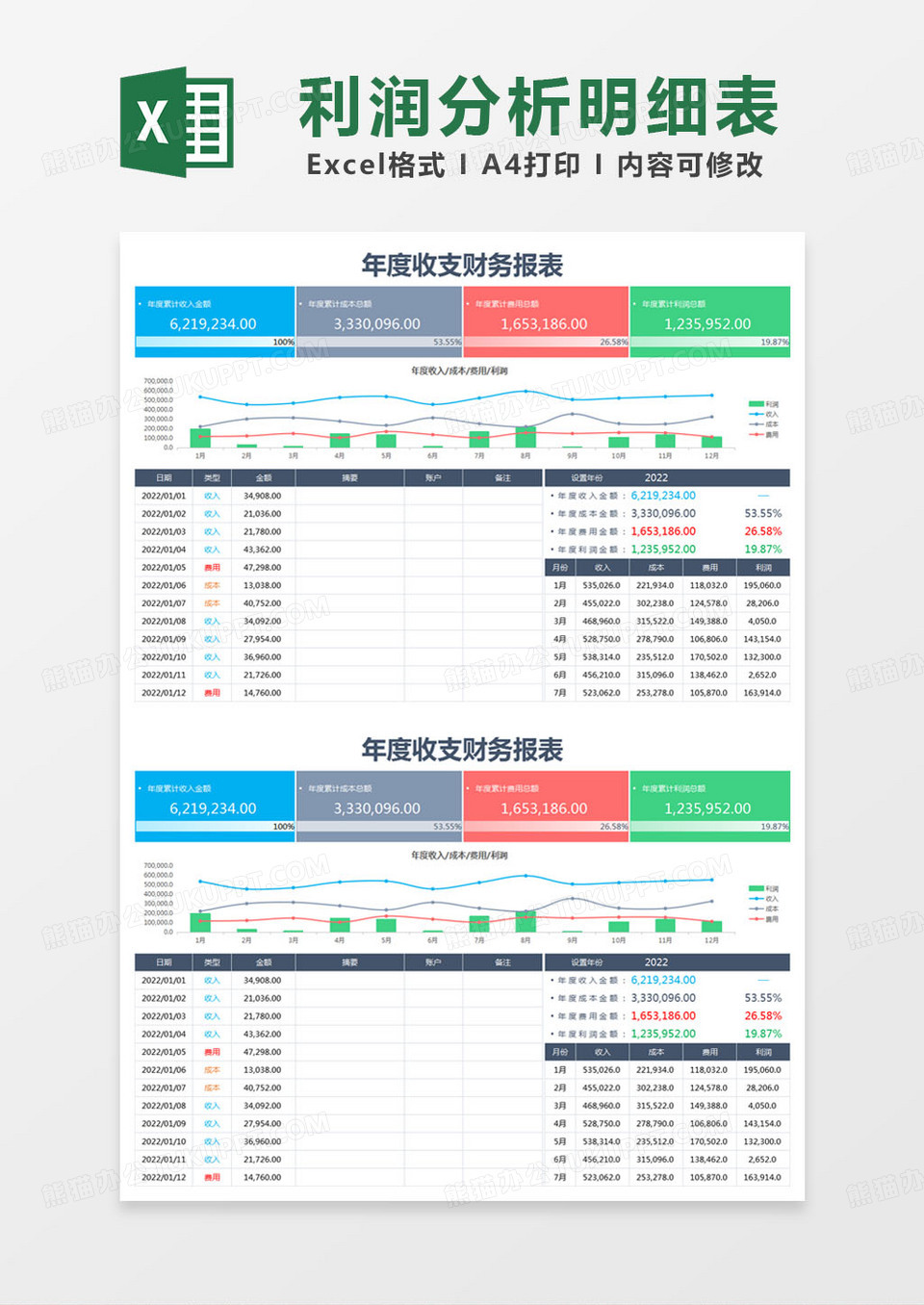 简约年度收支财务报表excel模版