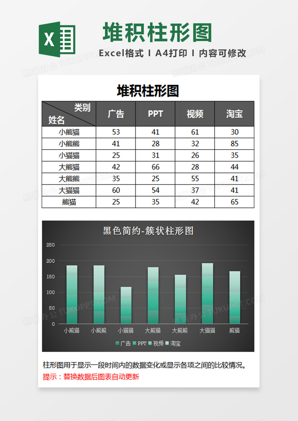 个性立体渐变堆积柱形图excel模板