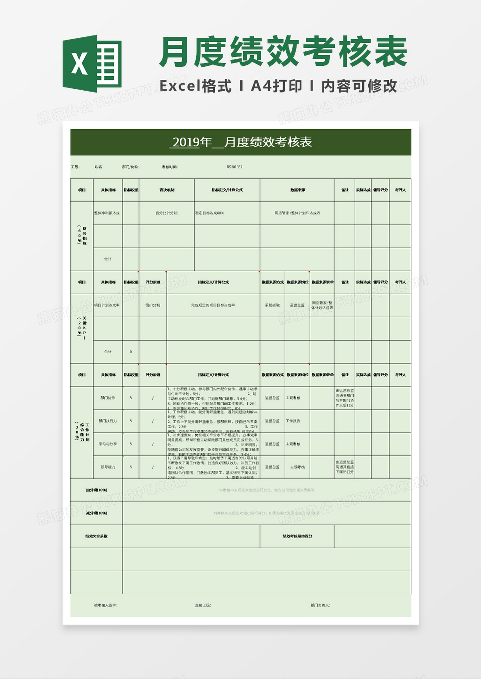 运营主管月度绩效考核表excel模板