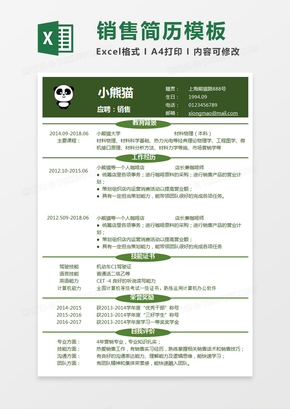 绿色清新销售职位Excel简历表格模板
