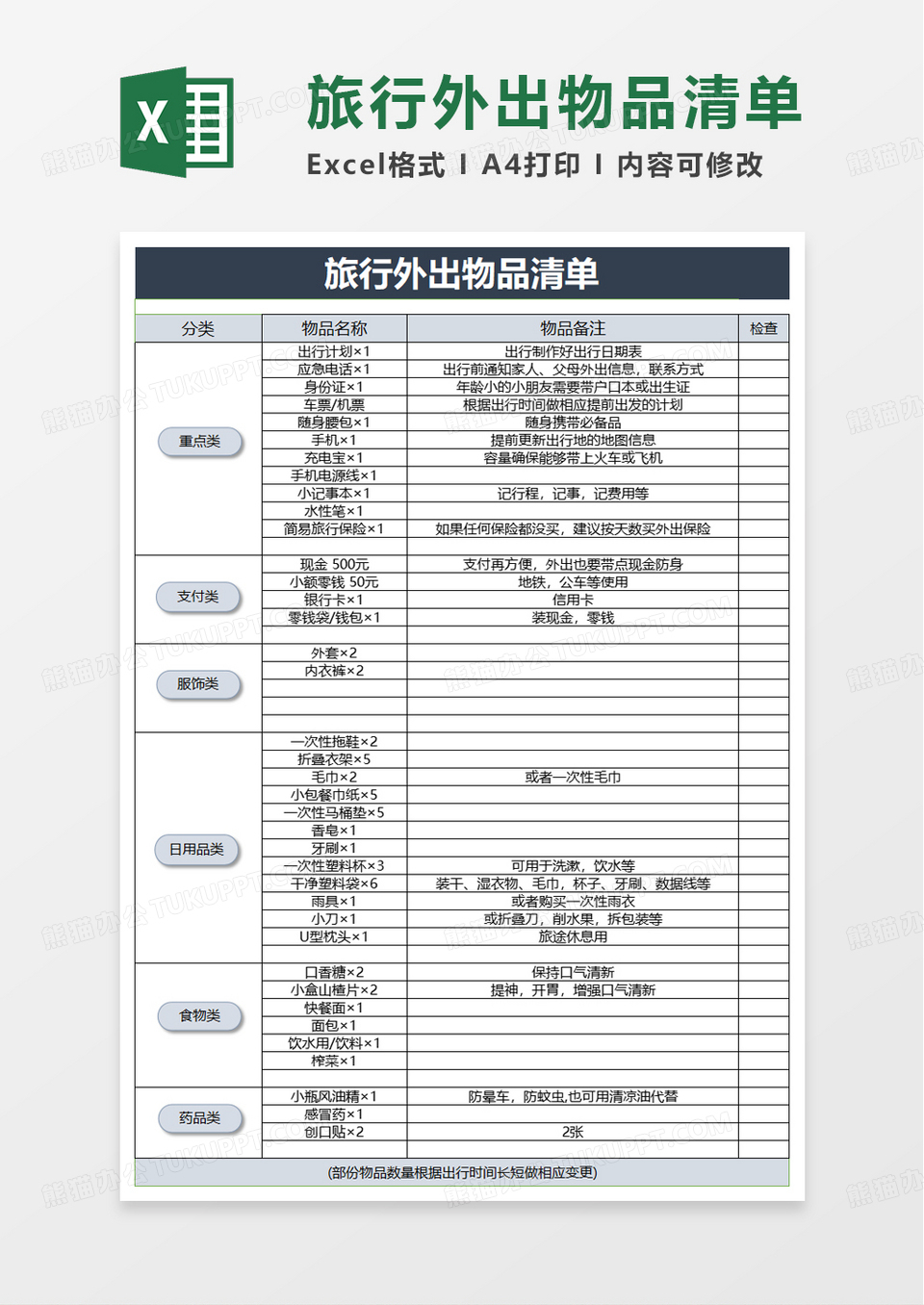 旅行外出物品清单excel模板