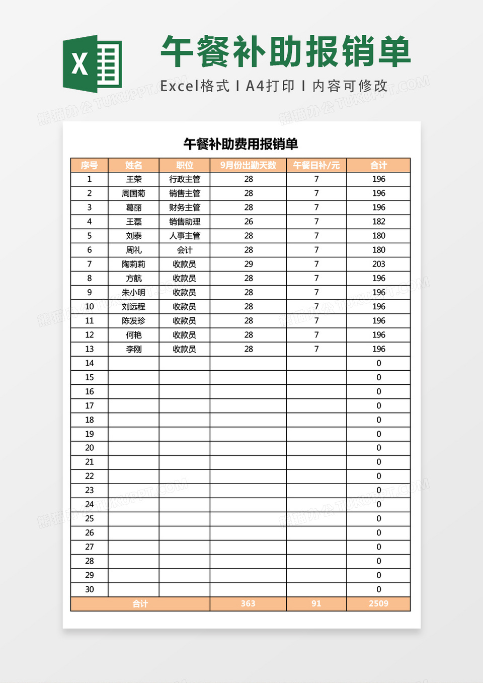 午餐补助费用报销单EXCEL表格模板