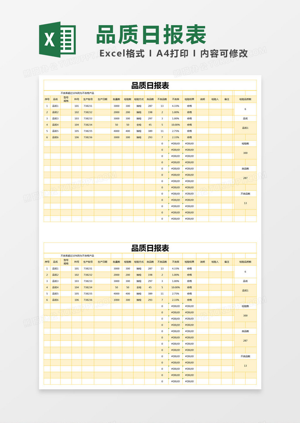 黄色简约品质日报表excel模版