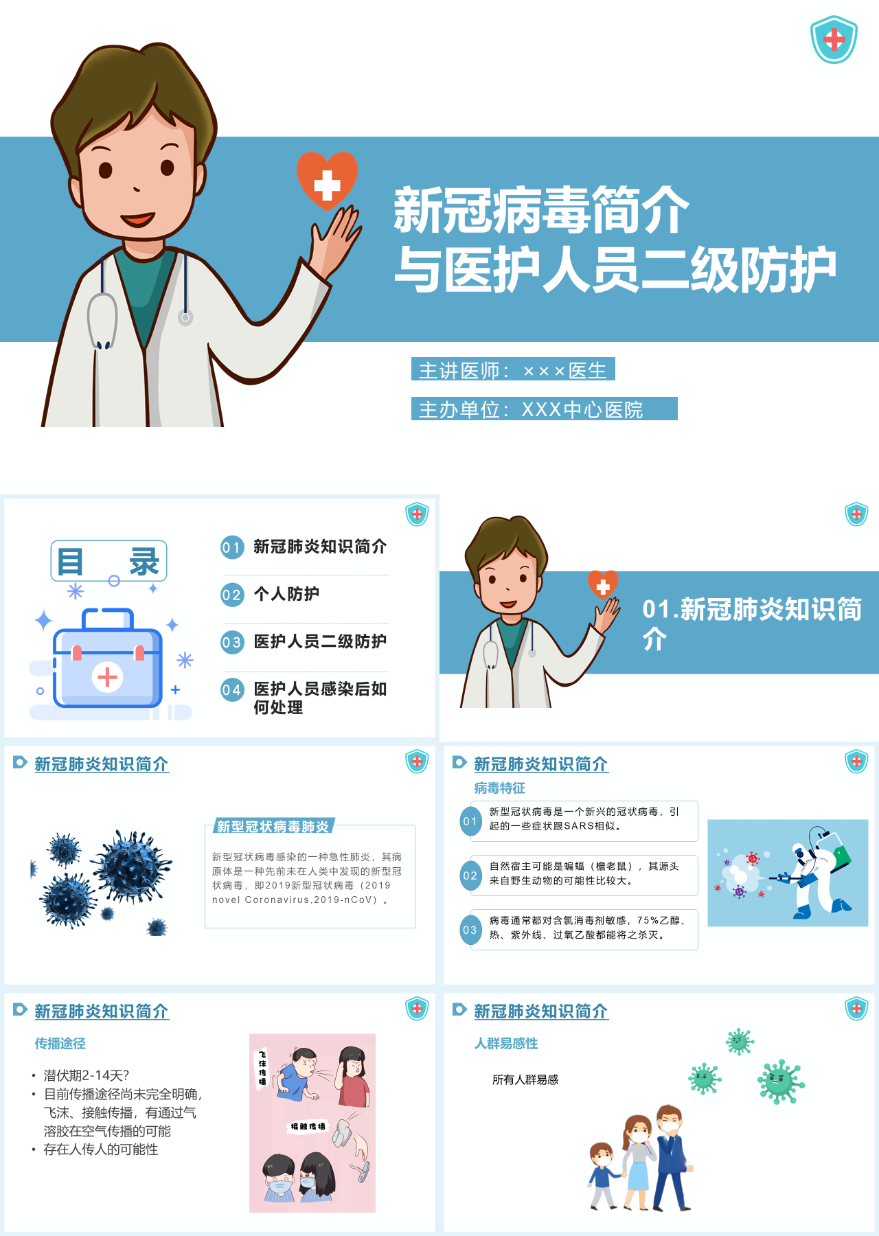 简单动态蓝色新冠病毒简介与医护人员二级防护