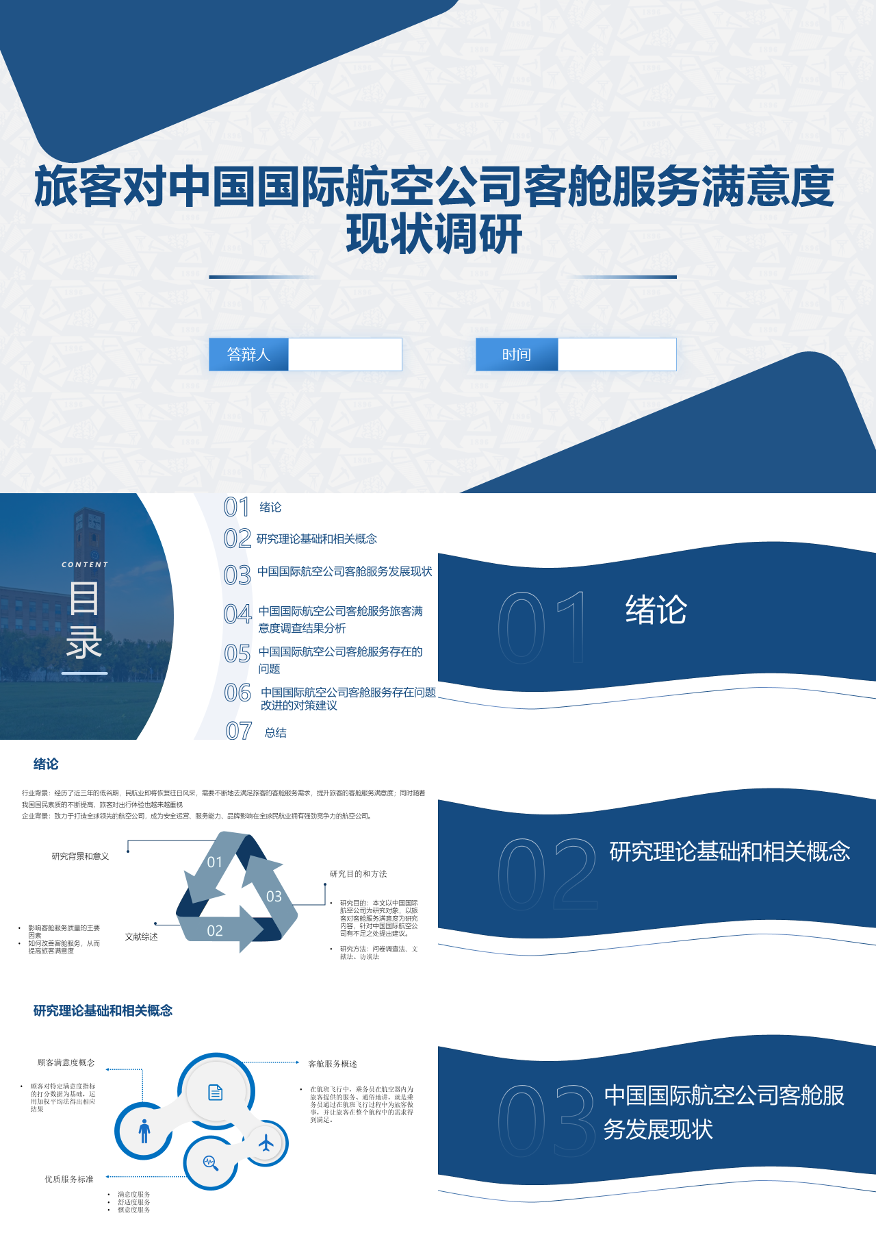 简单静态蓝色论文答辩旅客对中国国际航空公司客舱服务满意度现状调研