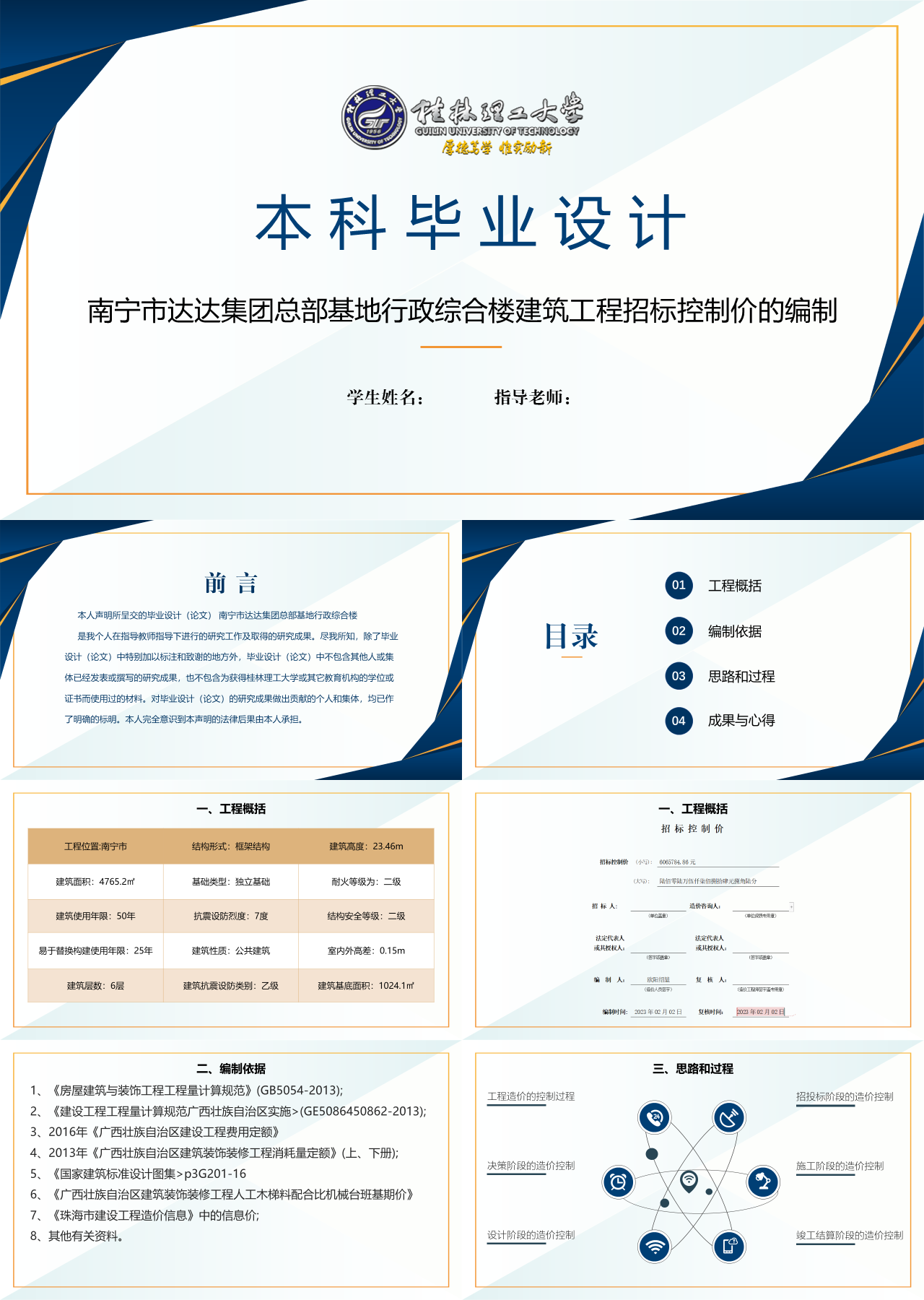 标准静态深蓝色论文设计XX集团总部基地行政综合楼建筑工程招标控制价的编制