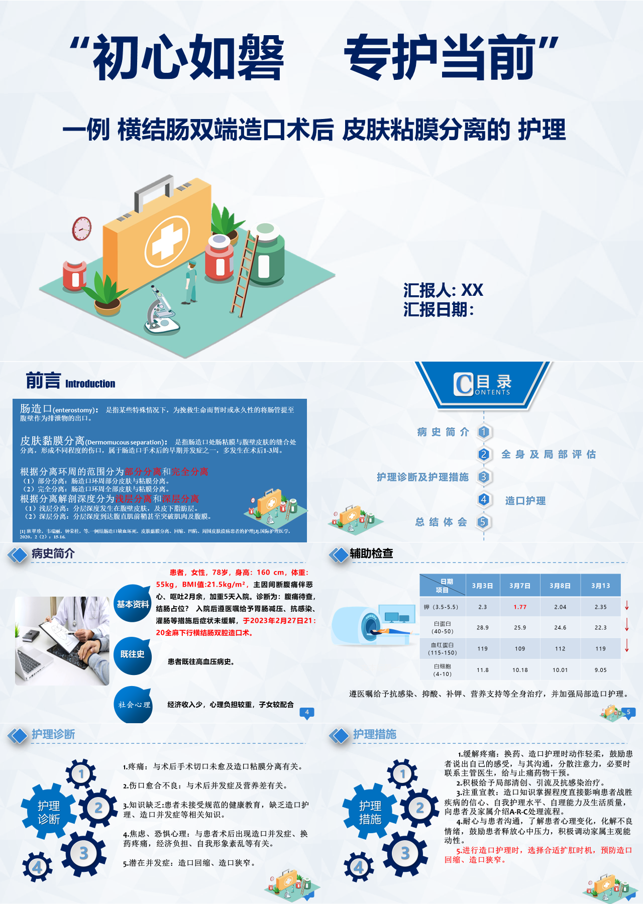 简单动态灰色医学汇报横结肠双端造口术后皮肤粘膜分离的护理