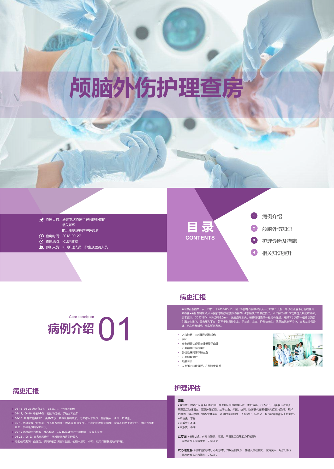 简单静态浅色紫色扁平风颅脑损伤护理查房PPT简约大气图文结合