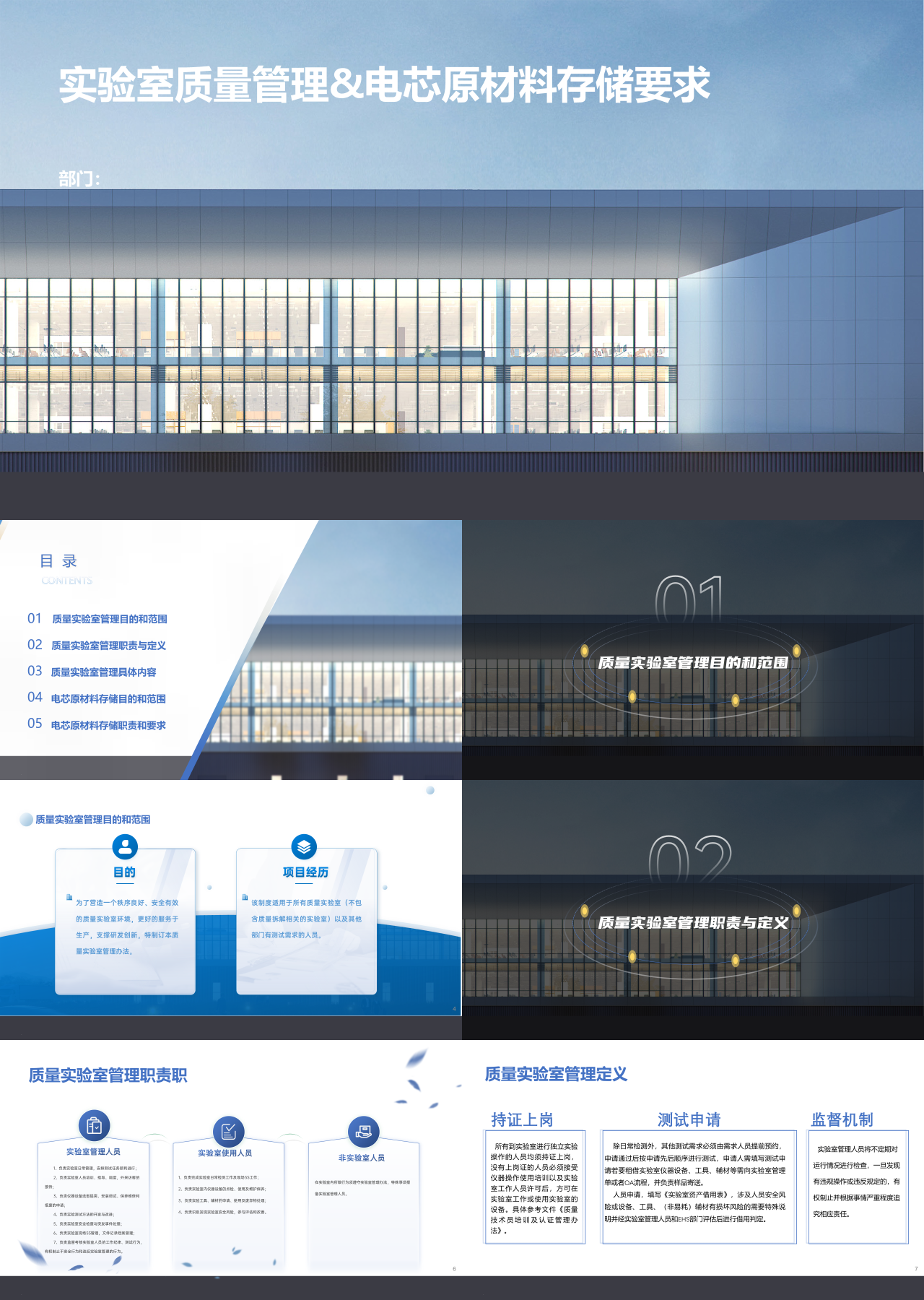 标准动态蓝色工作汇报实验室质量管理&电芯原材料存储要求