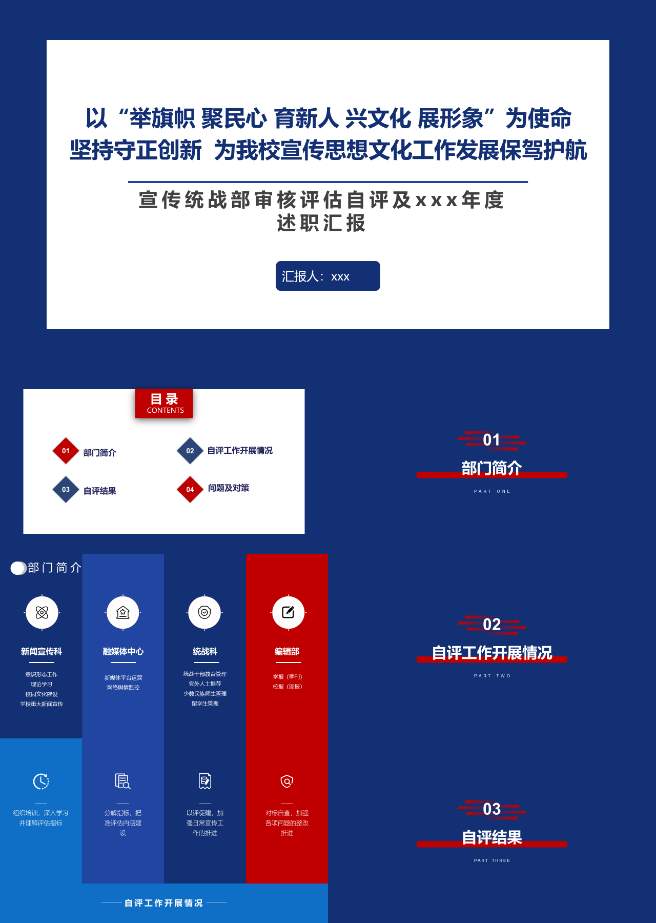 标准静态蓝色述职报告学校宣传统战部审核评估自评