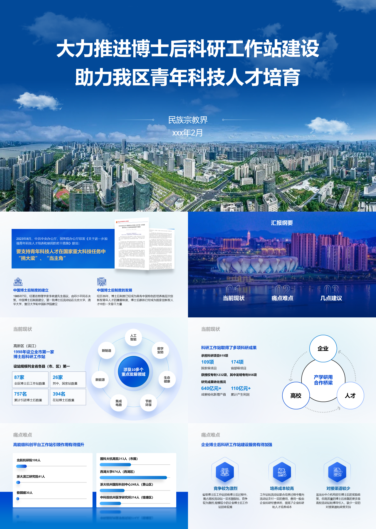 精美静态蓝色工作汇报助力我区青年科技人才培育